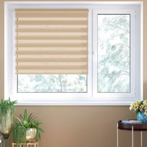 Elektrisches Smart Doppelrollo nach Maß. Mit smartem Akku Motor. Ganz einfach wiederaufladbar. Optional mit Smart Home Bridge JS. Stoffe abwechselnd blickdicht und transparent gewebte Streifen. Montage zum Schrauben