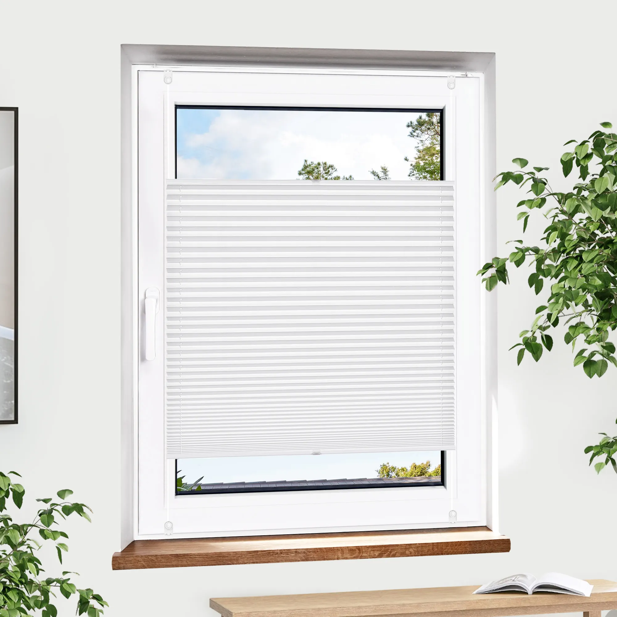 Jalousiescout Pure Plissee Premium in der Farbe Weiß und der Größe 95 x 90 cm: Das leicht lichtdurchlässige