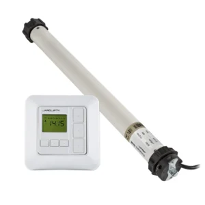 JAROLIFT UNIVERSAL Rollladenmotor Uni 60 im Motor-Komplettset! Set inkl. Rollladen-Zeitschaltuhr Sevenlogic Comfort Funk. Passend für die gängigsten Rollladen und Vorbaurollladen mit bis zu 60 kg Behanggewicht und 45 mm Rohrdurchmesser. Der Universalmotor erfüllt höchste Qualitäts- und Leistungsansprüche zu einem unschlagbar günstigen Preis. Vergessen Sie die komplizierte Ermittlung des passenden Rollladenmotors! Der neue Universalmotor Uni 60 - ein Motor für alles!