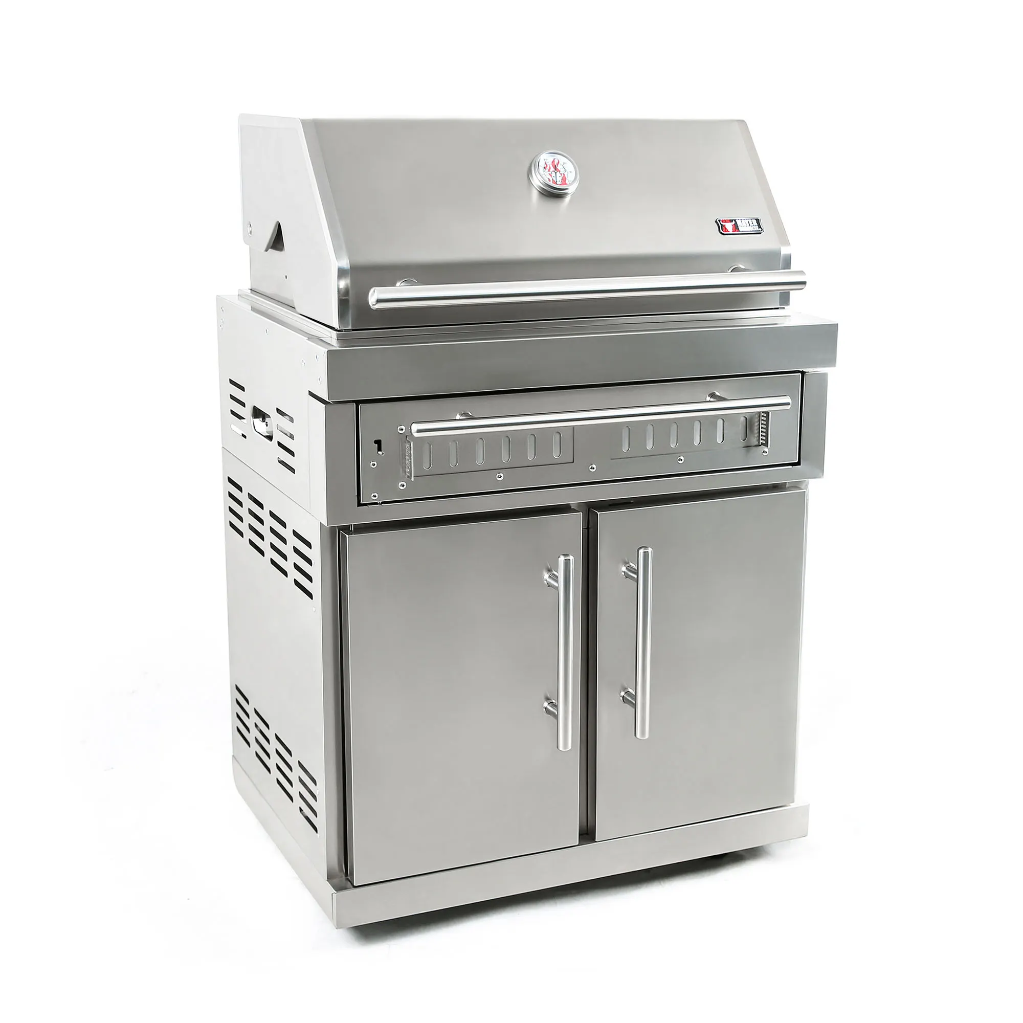 BRENNA Edelstahl-Erweiterungsmodul Holzkohlegrill MKG-400 Premium. Holzkohlegrill als Outdoorküchen-Modul aus massivem Edelstahl. Massive Edelstahlroste mit acht Millimeter Durchmesser. Holzkohle-Schubladen-System für ein einfaches Nachlegen der Grillkohle. Brennraumteiler für verschiedene Temperaturzonen inklusive. Großer Unterschrank mit zwei Türen.