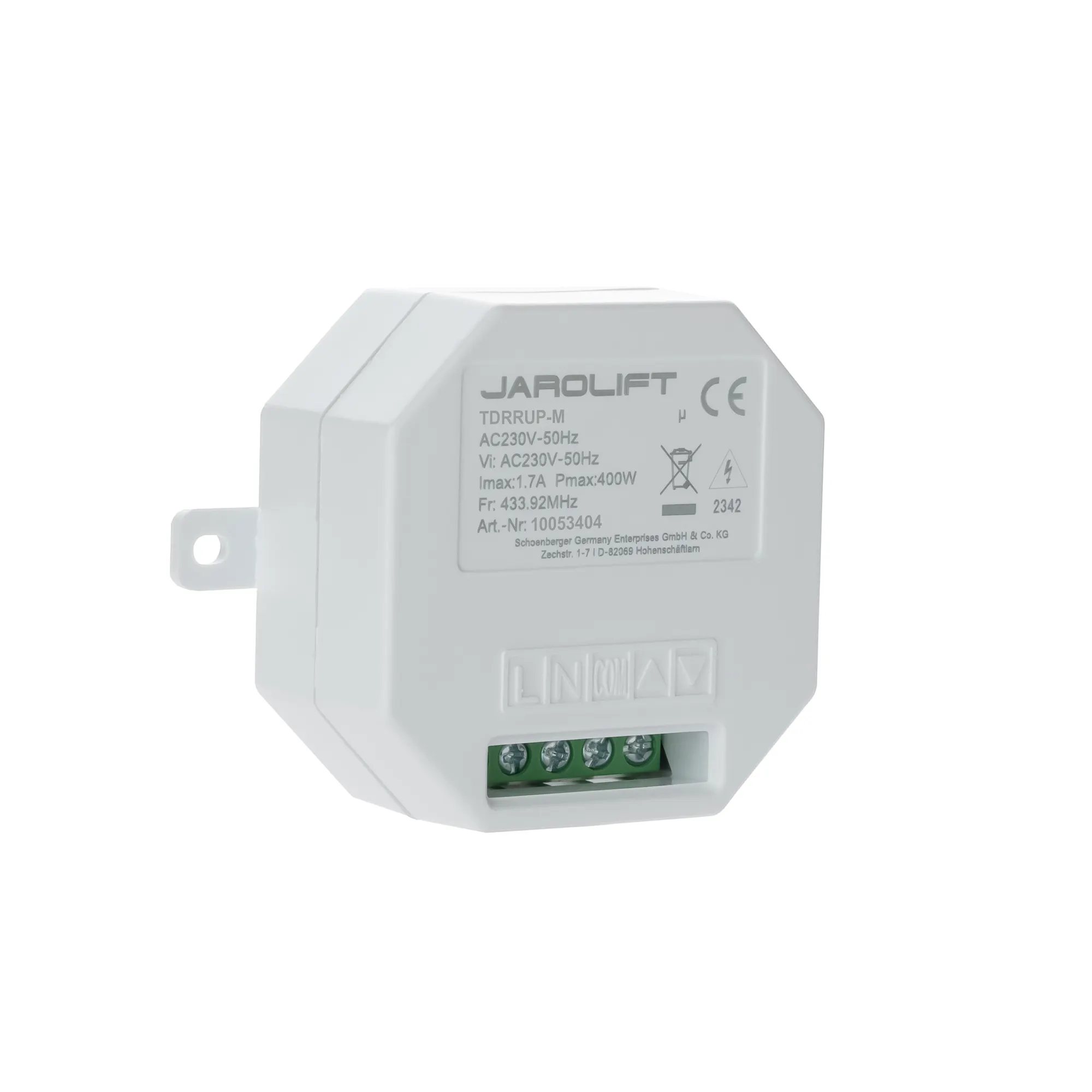 Mit dem 1-Kanal Funkempfänger TDRRUP-M aus dem Hause JAROLIFT wandeln Sie Ihren Rohrmotor oder Markisenmotor ohne Aufwand in einen Funkmotor um. Die Steuerung kann per JAROLIFT TDR-Funksender erfolgen. In Kombination mit dem TDMS Erschütterungssensor wird noch eine spezielle Schutzfunktion aktiviert. Der Empfänger kann mit einem bereits am Motor angemeldeten TDRC Hand-oder Wandsender problemlos eingelernt werden. Die Montage per Unterputz ist ohne großen Aufwand zu bewerkstelligen.